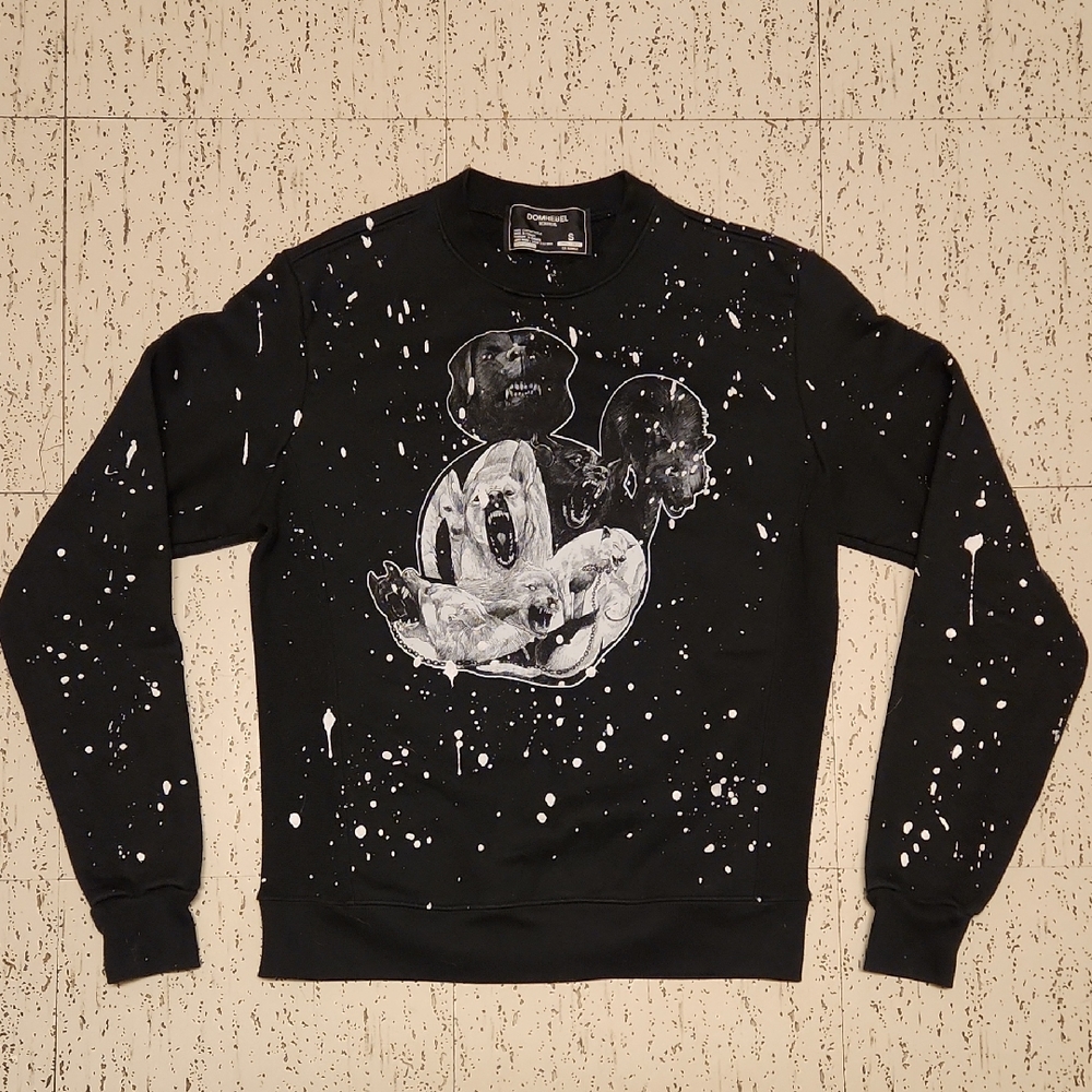 Domrebel Montreal Rabid Dog Mickey Mouse Paint Splatter Graphic Crewneck Sweater